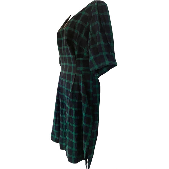 Eloquii Cotton Flannel Green Navy Plaid Tie Back Office Casual Fall Winter Dress - Picture 7 of 16